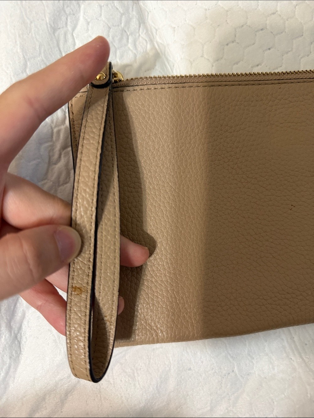 Michael Kors Beige Pebbled Leather Wristlet with Gold MK Emblem - Picture 9 of 10